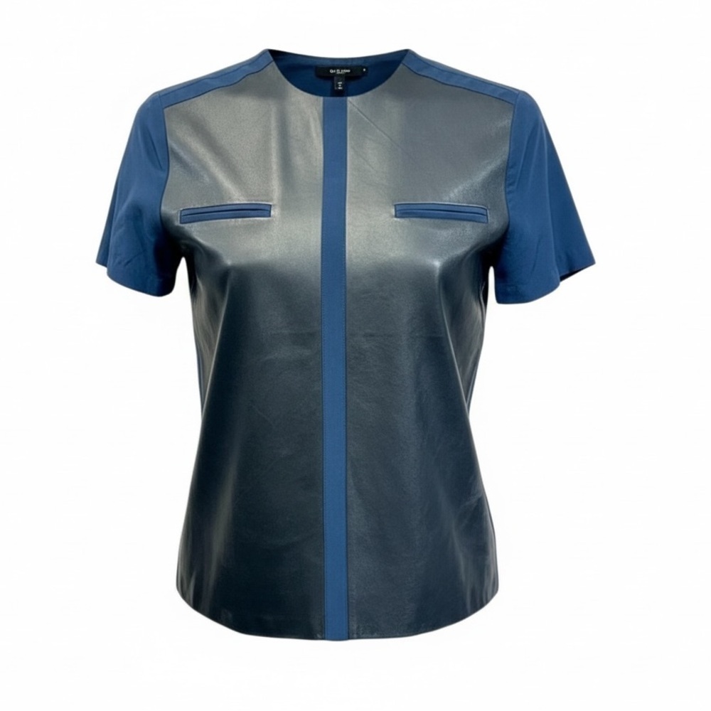 RAOUL Navy blue silk and leather panel top‎ size XS.